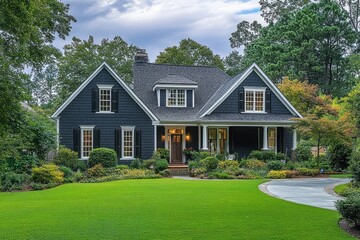 Charming dark gray suburban house with warm front porch lights, surrounded by lush green lawn and vibrant trees under a cloudy sky