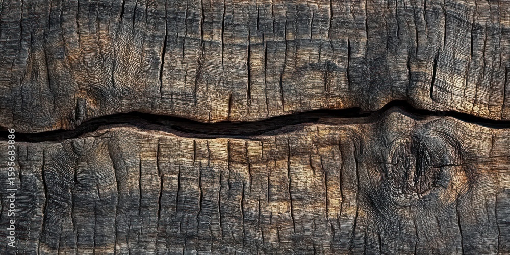Poster close-up of textured burnt wooden surface with deep cracks and dark charred patterns illuminated by 