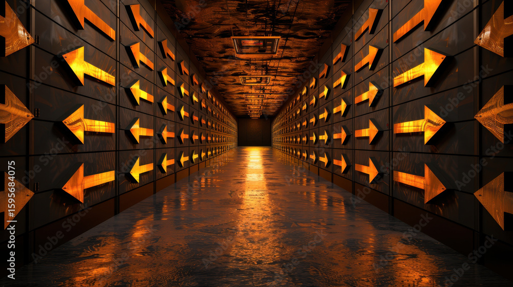 Poster visually striking corridor featuring illuminated arrows guiding towards bright exit, creating sense 