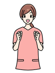 女性看護師の正面立ちポーズ　スクラブ　上半身　ガッツポーズ