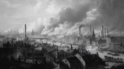 Dark smog clouds over factories in 1873, capturing the birth of modern climate pollution