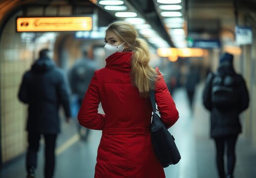 woman in red coat wearing a face mask standing in a subway station with blurred commuters walking away under bright lights