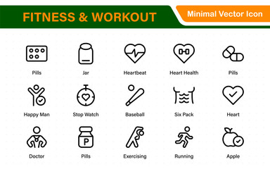 Fitness and Workout Line Icons. Running, weightlifting, diet plan, sports equipment, wellness, and activity signs.