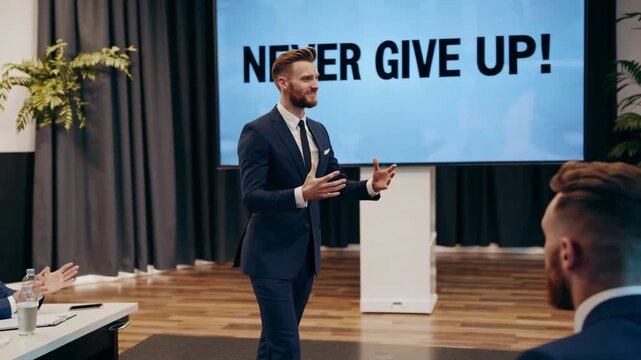 Motivational phrase "Never Give Up!" emphasizing persistence and determination