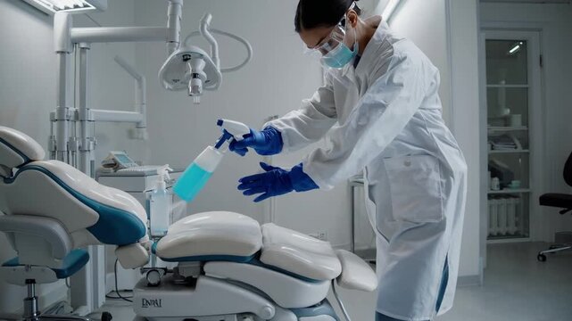 Female dentist in protective gear sanitizing dental clinic amid health safety protocols