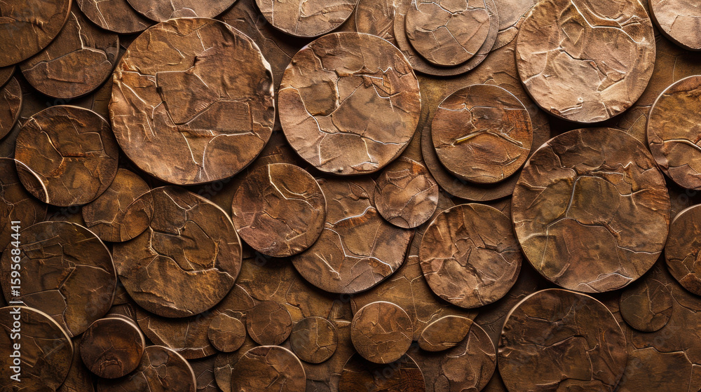 Poster textured circular patterns create visually striking surface, showcasing rich brown color palette wit