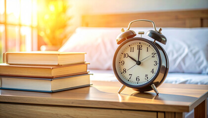Naklejka premium Digital Alarm Clock and Stack of Books. Back to School Concept. Generated Image