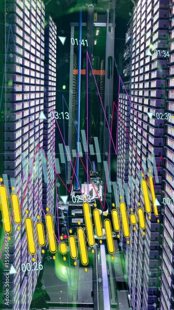 Poster animation of data processing against computer server room