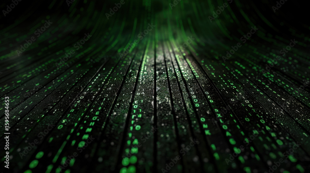 Poster digital landscape featuring matrix of green binary code cascading down dark surface, creating futuri