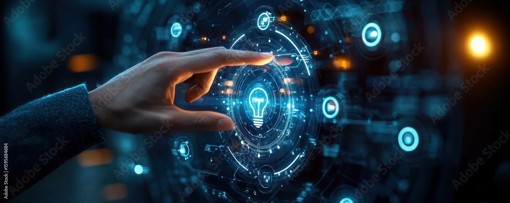 Poster human hand interacting with glowing futuristic digital interface displaying light bulb and technolog