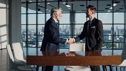 Professional handshake between senior and junior colleagues in corporate office
