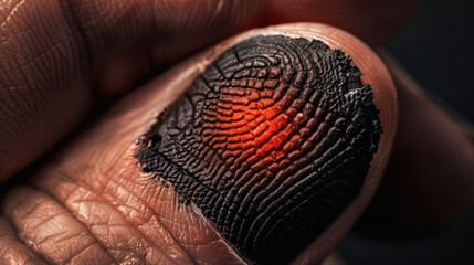 Close up of human fingerprint with glowing red area, suggesting biometric data vulnerability and hacking. intricate details of fingerprint are highlighted, evoking sense of security concern