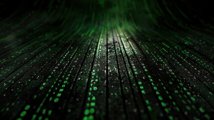 Digital landscape featuring matrix of green binary code cascading down dark surface, creating futuristic and immersive atmosphere. scene evokes sense of technology and mystery