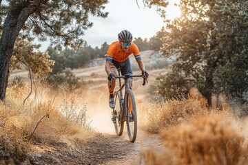 Obraz premium Cyclist riding a gravel bike on a dusty trail in a sunlit natural landscape with dry grass and trees, wearing bright orange cycling gear and helmet