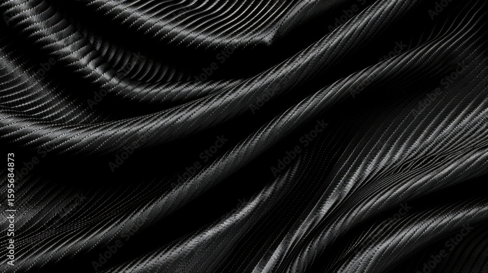 Poster luxurious black fabric with smooth, flowing texture, showcasing intricate patterns and high tech app
