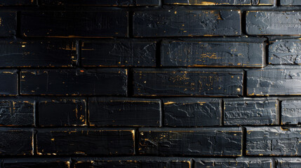 Black brick wall with subtle wear and shadow lighting, creating textured and dramatic appearance. surface features mix of dark tones and hints of gold, adding depth and character