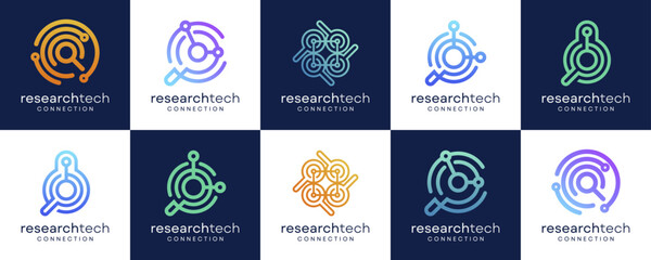 Set Collections of Science and Research Technology, Logo Design Ideas. Vector Combined of Magnifying Glass and Network Connection Concept.