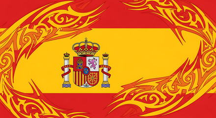 Spanish flag redesigned with swirling tribal art border.