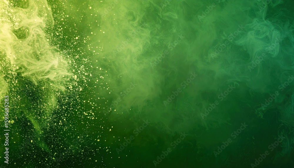 Poster abstract green and lime gradient with cinematic dust overlay and shimmering particles creating ether