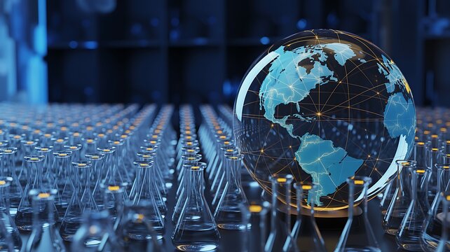 Global technology and innovation with a glowing earth in a futuristic server room