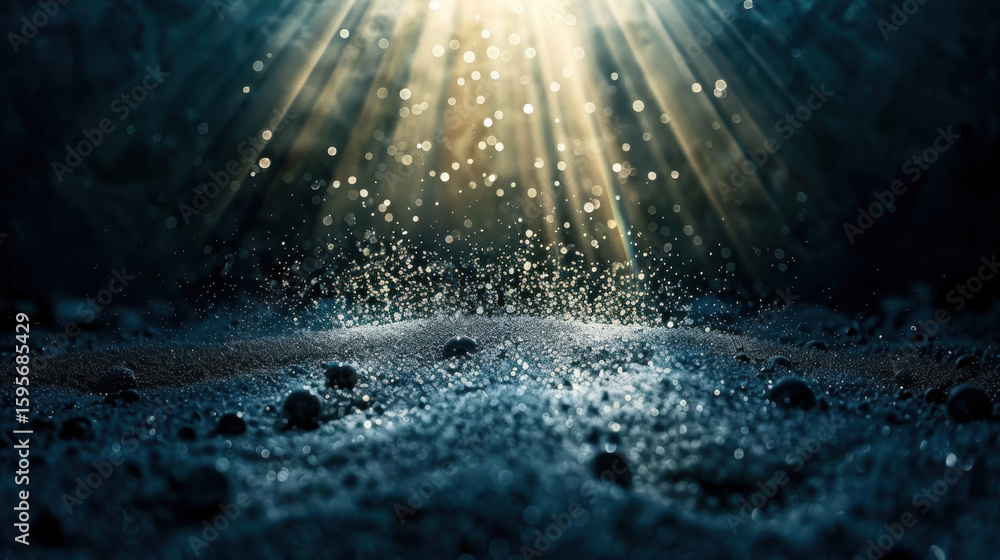 Poster mesmerizing scene of sparkling water droplets illuminated by soft rays of light, creating tranquil a