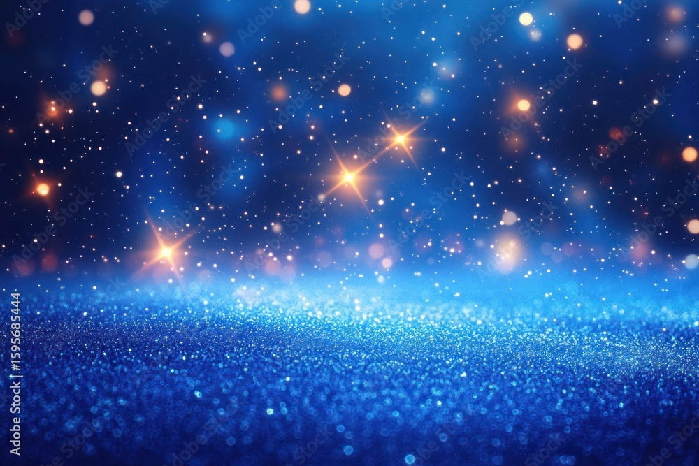 Poster sparkling blue glitter surface with glowing light bokeh and star-like shining effects creating a mag