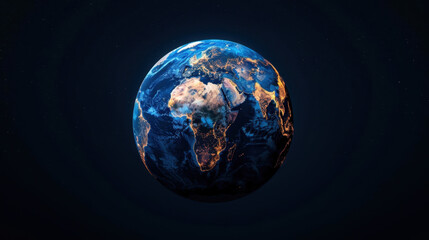 Stunning blue glowing Earth floating in space, showcasing intricate details of continents and illuminated cities at night, creating sense of wonder and connection to our planet