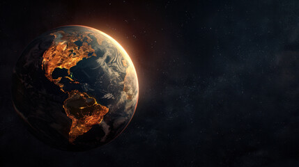 Fototapeta premium Stunning view of Earth illuminated at night, showcasing vibrant city lights across continents against backdrop of deep space. glowing planet evokes sense of wonder and connection to our world