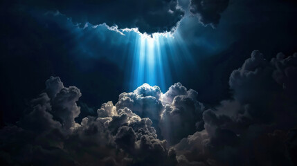 Stunning display of nature, this captures dramatic scene of dark clouds illuminated by beams of blue light breaking through sky, creating serene yet powerful atmosphere