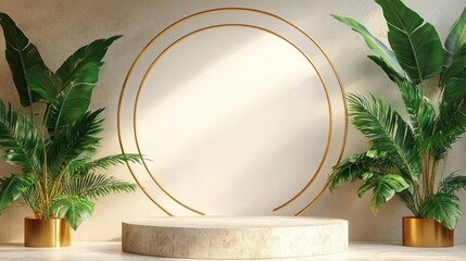 Minimalist interior scene with a round mirror featuring elegant golden circular frames, flanked by lush green tropical plants in gold planters on a beige stone surface
