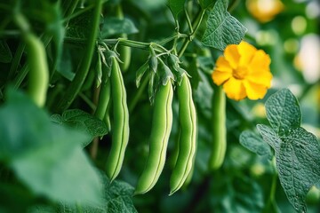 Obraz premium Close-up of fresh green bean pods hanging on a plant with vibrant green leaves and a single bright yellow flower in natural light