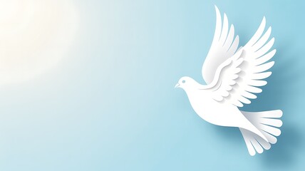 Fototapeta premium White paper dove flying against a soft blue background with copy space