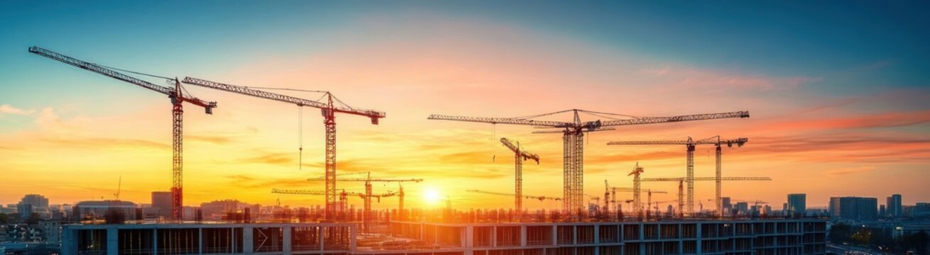 Large urban construction site with multiple cranes at sunset under vibrant sky with cityscape in the background