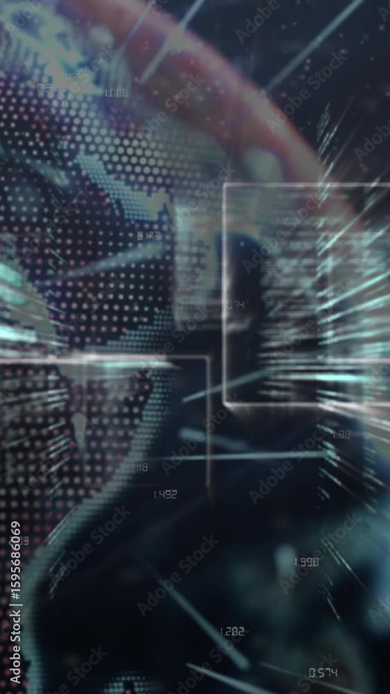 Poster animation of interface with data processing against light trails over spinning globe