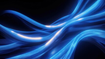 Flowing blue luminous fiber optic cables intertwining against a dark background creating a futuristic and dynamic visual effect