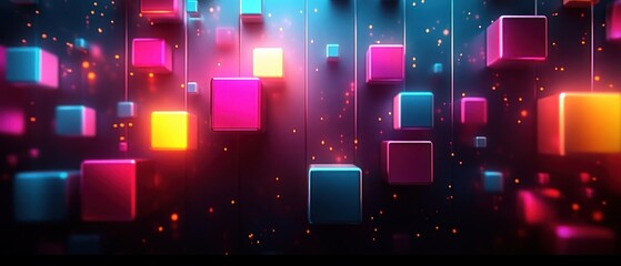 Colorful glowing cubes in various sizes floating in a dark space with a mix of blue, pink, purple, and yellow lights creating a futuristic and dynamic atmosphere