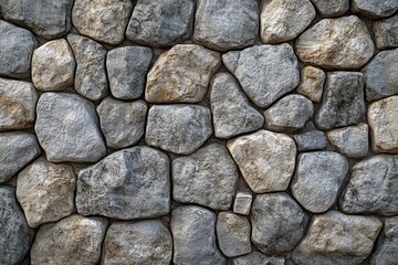 Obraz premium close-up view of an irregular stone wall with tightly fitted gray and beige stones creating a rustic and textured surface