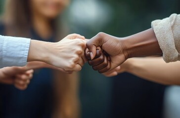 Close-up of diverse hands performing a fist bump gesture conveying unity and teamwork outdoors