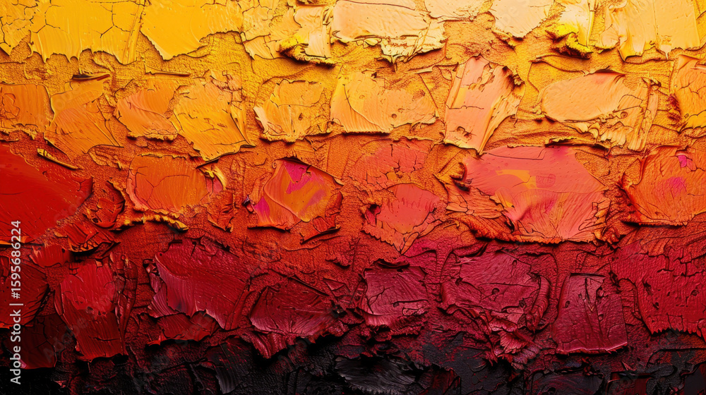 Poster vibrant canvas painting texture featuring bold brush strokes in warm hues of yellow, orange, and red