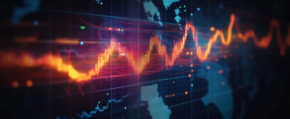 Bright orange and red fluctuating financial graph overlay on dark digital map background conveying data trends and market analysis
