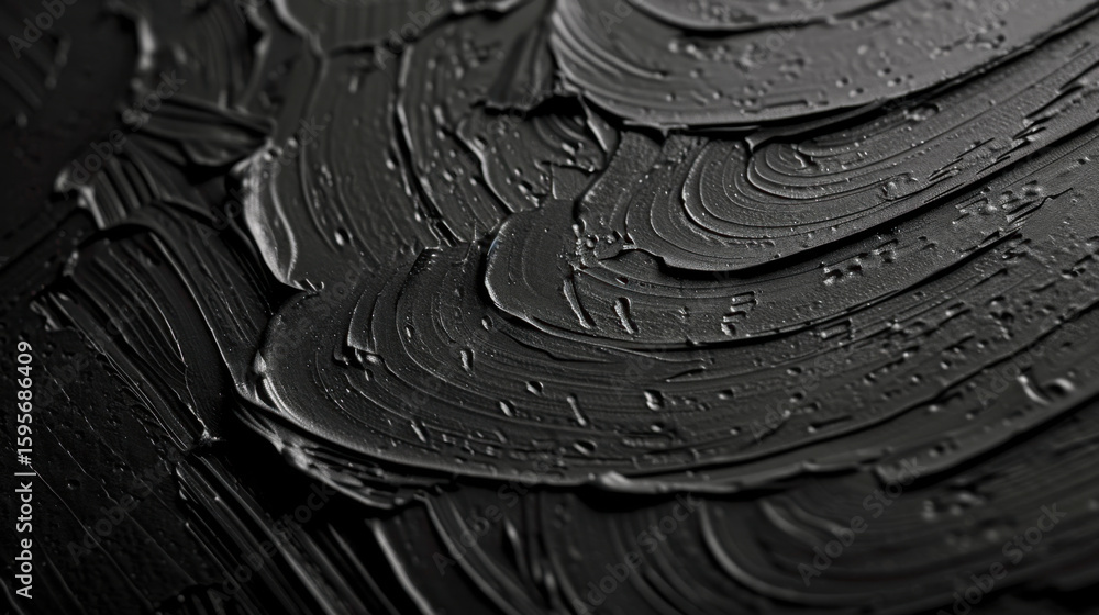 Poster close up view of textured black paint on surface, showcasing intricate patterns and glossy finishes.