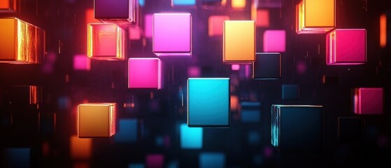 Floating colorful illuminated cubes in a dark space creating a futuristic and abstract atmosphere with vibrant orange, pink, purple, and blue lights