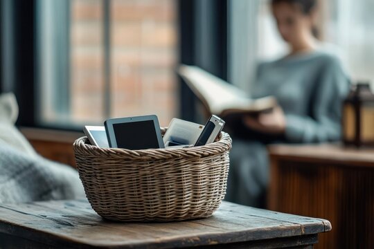 Wicker basket filled with various electronic devices placed on a rustic wooden table inside a cozy room with a person sitting and reading a book in the background near a window