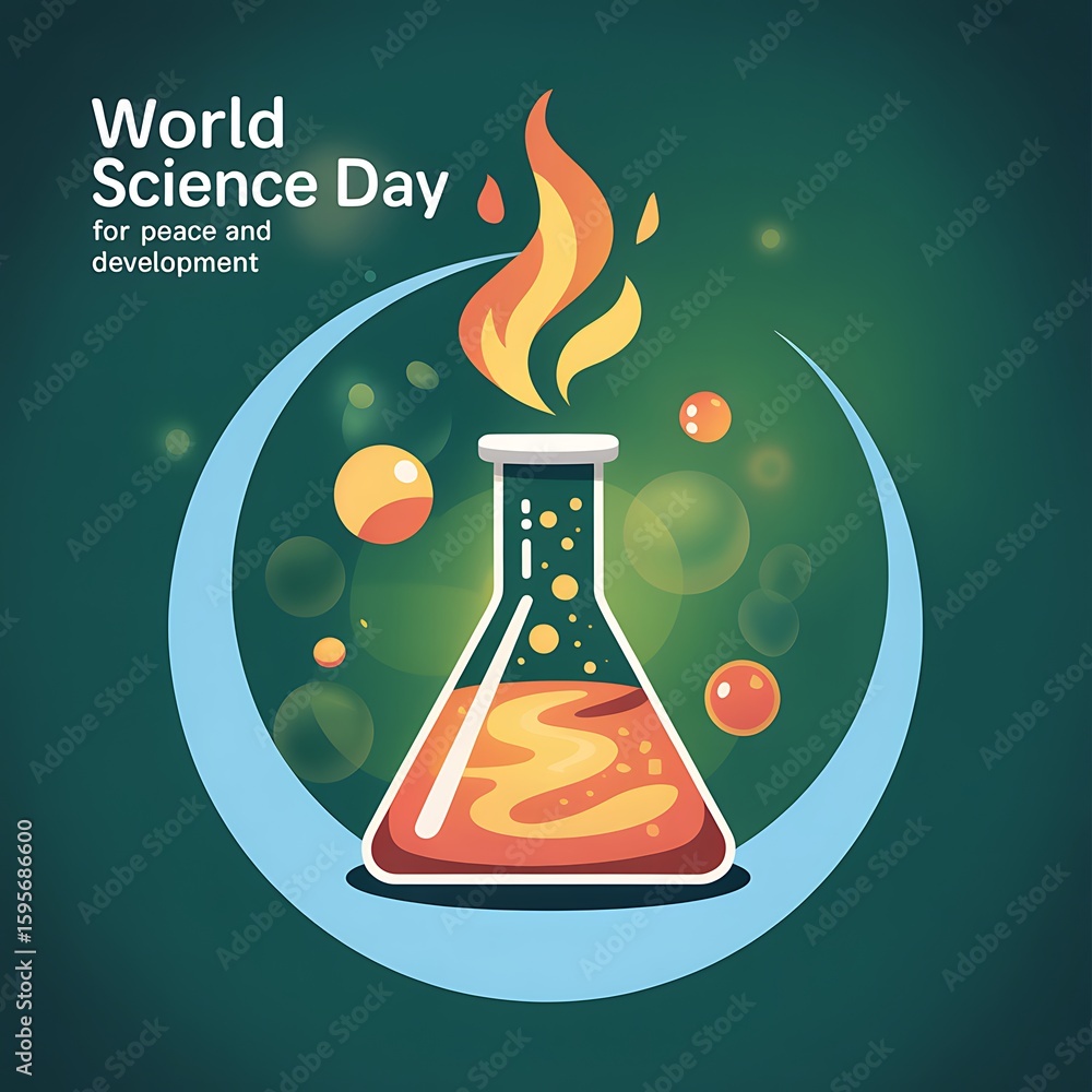 Poster world science day celebration with a science experiment flask and flame