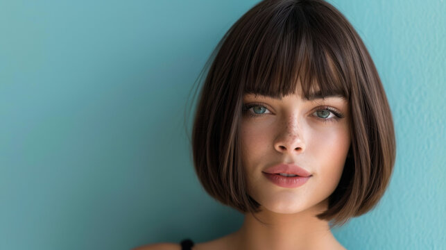 Stylish classic pageboy haircut with smooth edges frames face beautifully, highlighting striking features and captivating eyes against soft blue background
