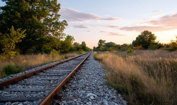 Rustic railway tracks stretching into the distance, surrounded by wild grass and trees under a golden sunset sky.