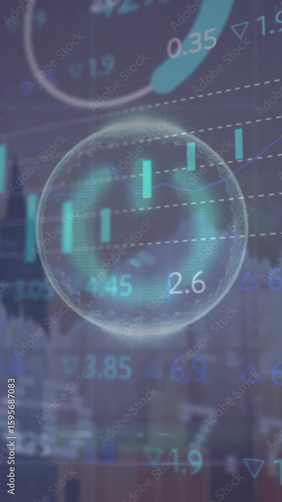 Poster animation of power button over multiple graphs and trading board against modern building