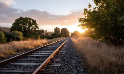 Obraz premium Rustic railway tracks stretching into the distance, surrounded by wild grass and trees under a golden sunset sky.