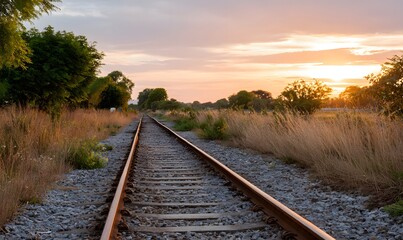 Obraz premium Rustic railway tracks stretching into the distance, surrounded by wild grass and trees under a golden sunset sky.