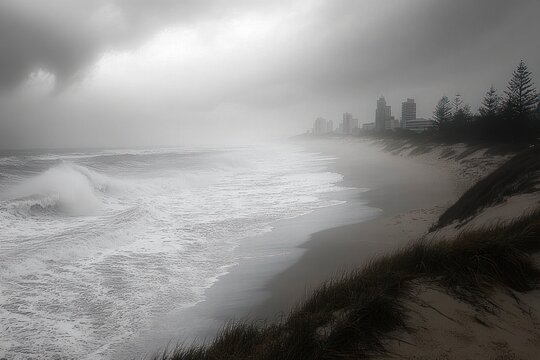 Dark and misty coastal scene with powerful ocean waves crashing onto an empty sandy beach under heavy overcast sky, distant city skyline, and windswept grass-covered dunes